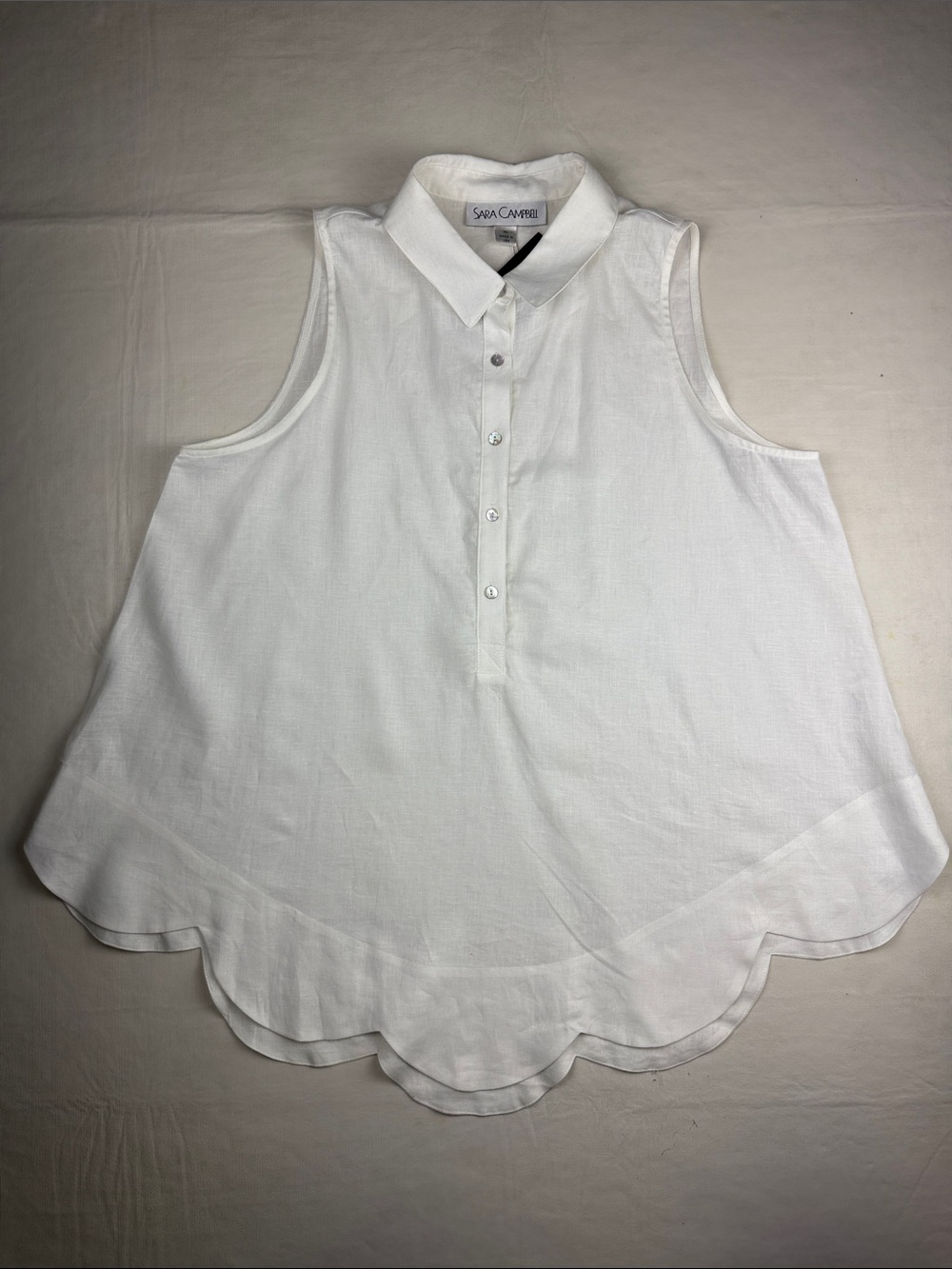 Sara Campbell White Sleeveless Button-Front Linen Top Scalloped Hem Size XL NWT